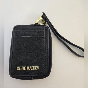 Steve Madden Black Leather Card Holder Wristlet Wallet Gold Hardware